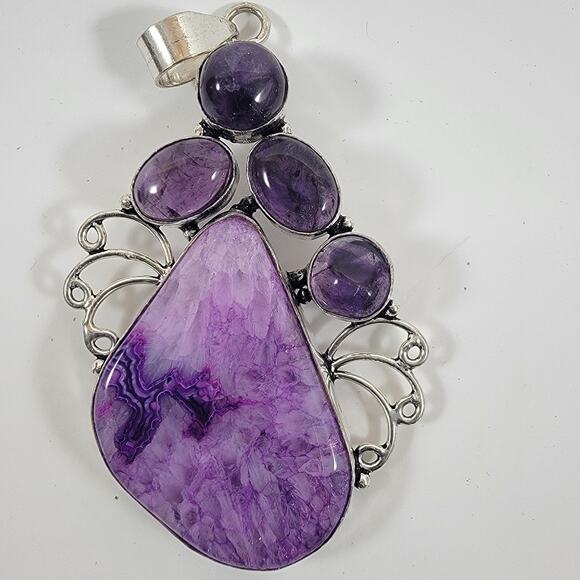 Charoite Pendant Necklace – With Purple Amethyst Accent + 20" Silver Chain - Picture 1 of 10